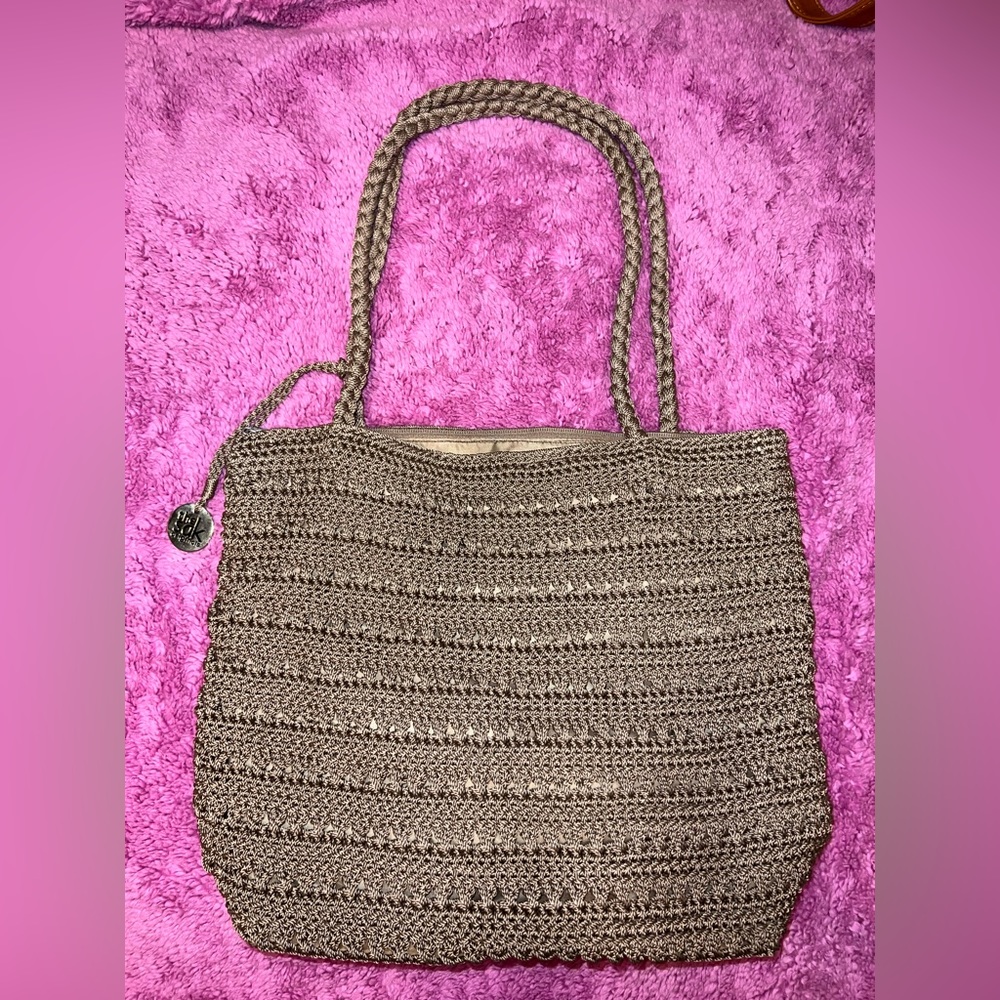The Sak Originals Crochet Shoulder Purse Bag Lined Zip Closure Brown Beige - Picture 3 of 12